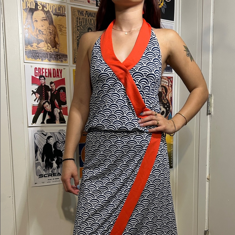 Mud Pie Black and White Midi Dress with Red Trim